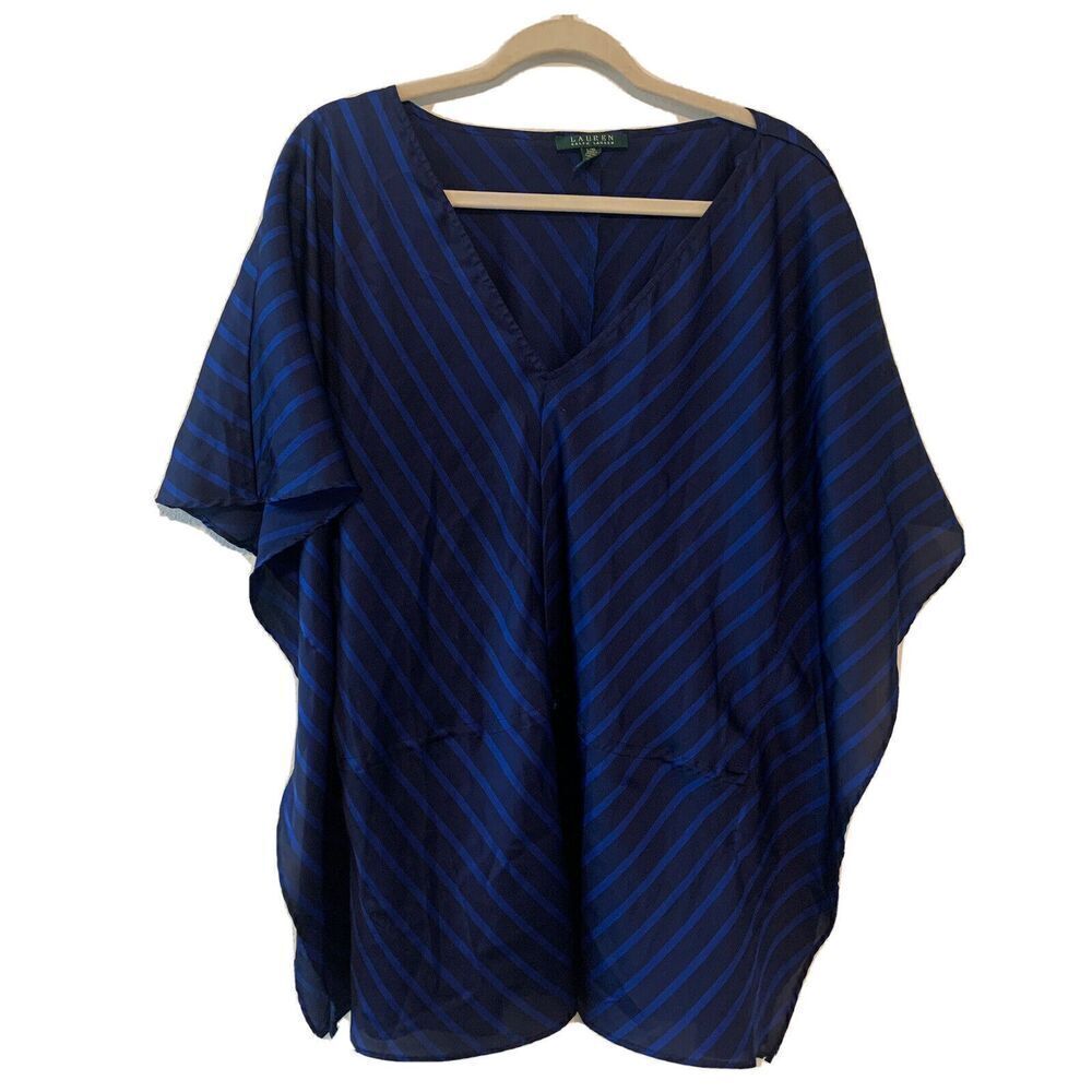 Lauren Ralph Lauren Top Womens Large XL Blue Multicolor Stripe V Neck Blouse